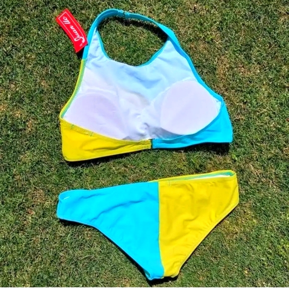 Juan Uc Womens Neon Bright Teal & Green Halter Two Piece - Picture 2 of 7